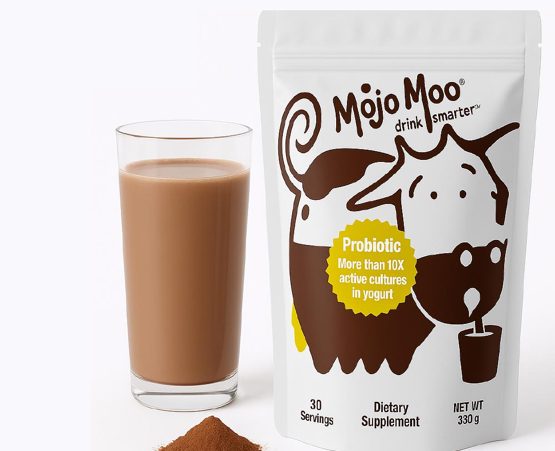 MojoMoo probiotic chocolate milk mix bag